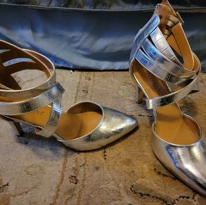 Silver "snakeskin" strappy heels